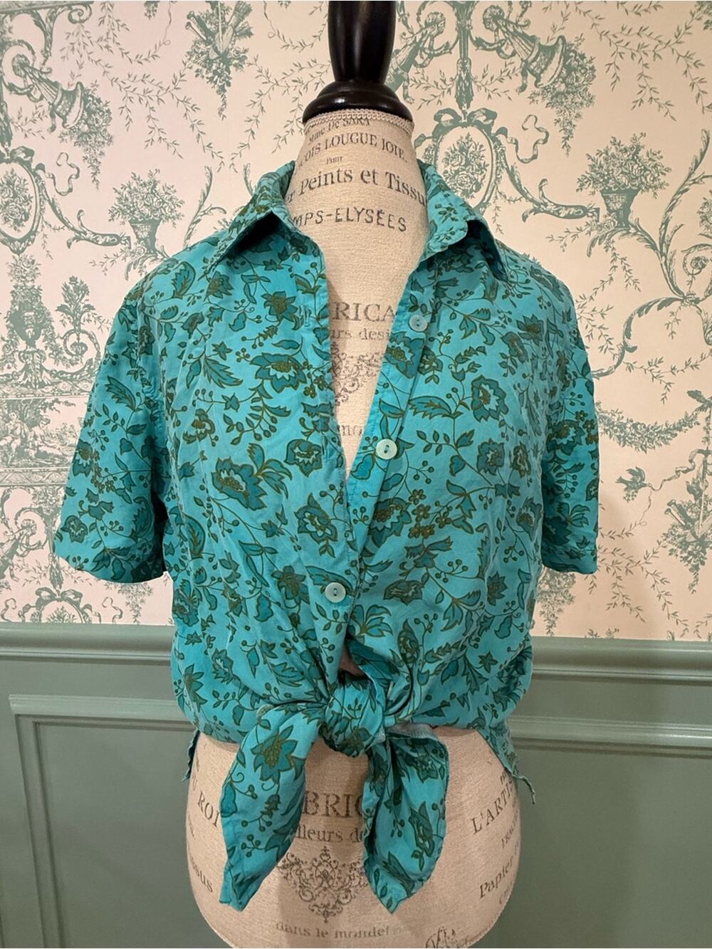 Vintage 90’s New York & Company Teal Floral 100% Silk Short Sleeve Blouse - Sz M